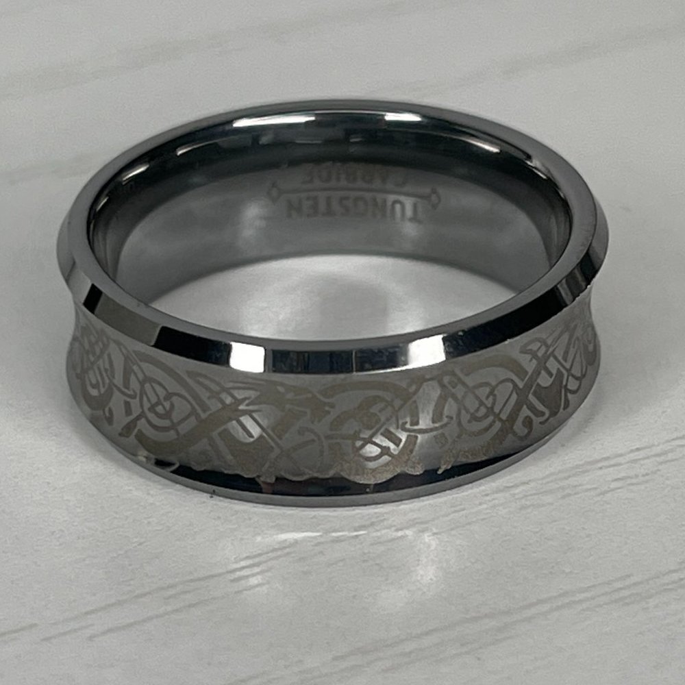 Men's Silver Frosted Celtic Dragon Patterned Tungsten Carbine Ring Size 11.25